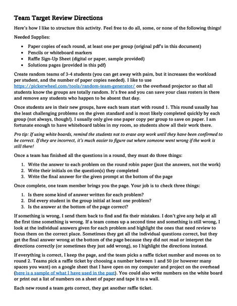 Team Target Review: Integer Exponents Group Review Activity Grade 8