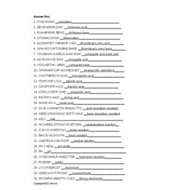 Acids, Bases, and Salts Word Scramble for General Chemistry