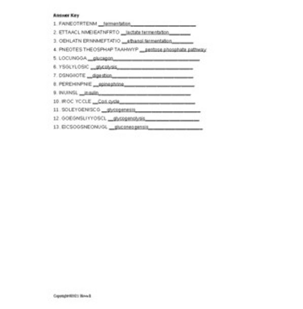 Carbohydrate Metabolism Word Scramble for Biological Chemistry