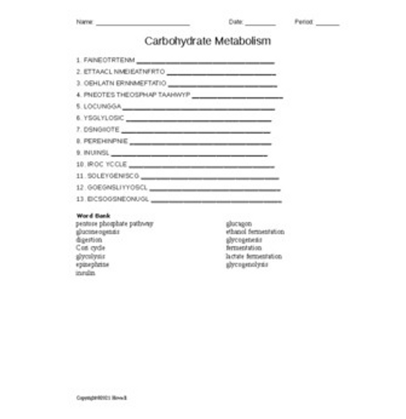 Carbohydrate Metabolism Word Scramble for Biological Chemistry