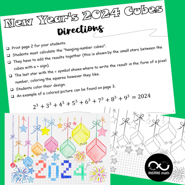 FREE New Year's 2024 Cubes Math Craft Activity Bulletin Board Math & Art Project