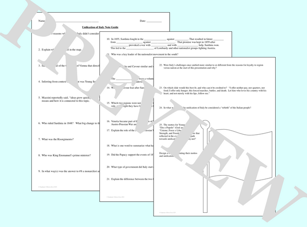 The Unification of Italy PowerPoint and Note Guide