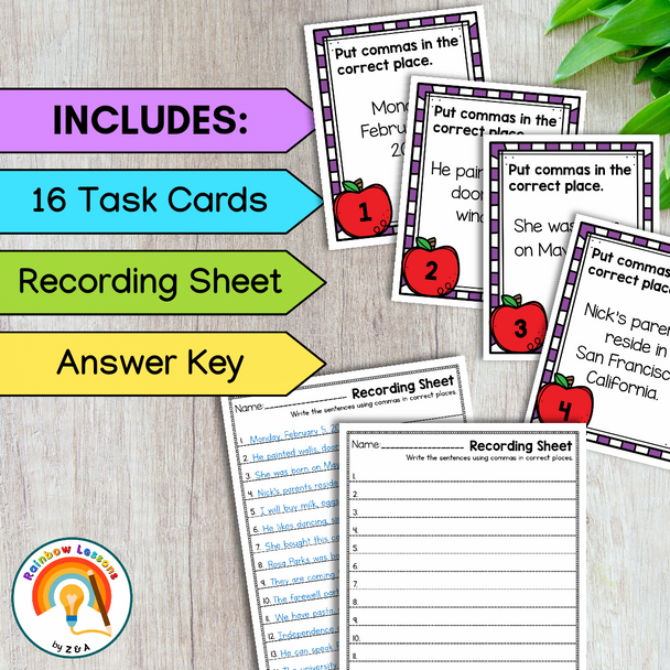 Commas in Dates Worksheet | Commas in a Series Worksheet | Commas Task Cards