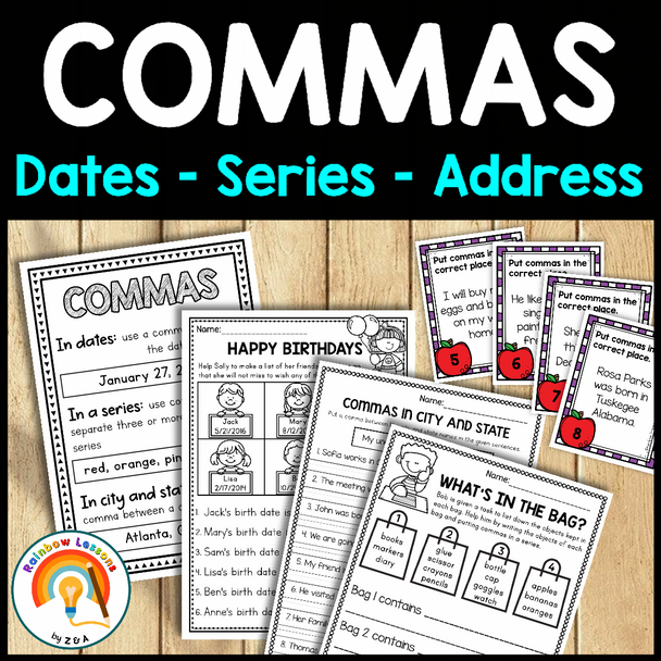 Commas in Dates Worksheet | Commas in a Series Worksheet | Commas Task Cards