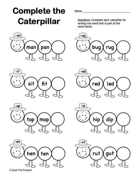 Word Families Worksheets with Caterpillars and Butterflies