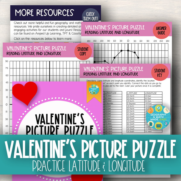 Valentine's Geography Picture Puzzle Practicing Latitude and Longitude