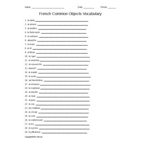 "Common Objects" French Word Scramble