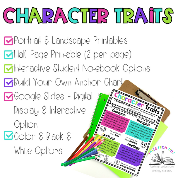 Character Traits Anchor Charts & Interactive Notebook Pages