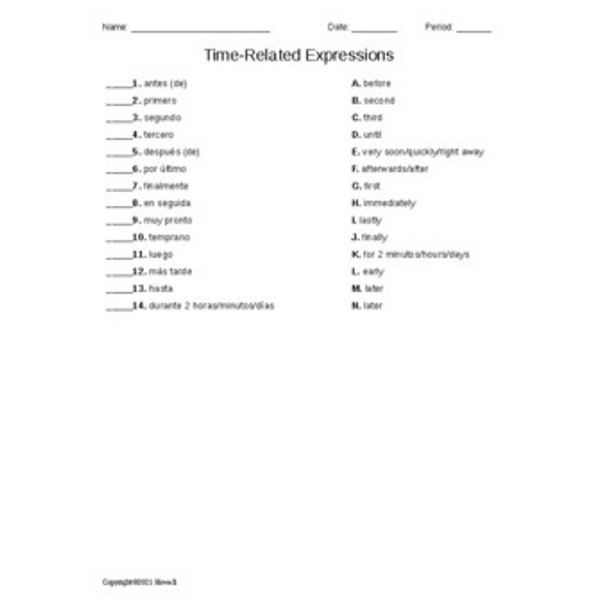 Time-Related Expressions Spanish Matching Quiz or Worksheet