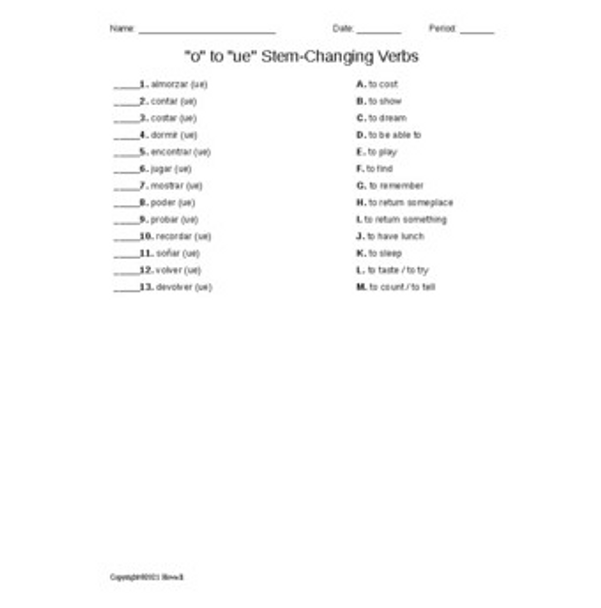 "o" to "ue" Stem-Changing Verbs Spanish Matching Quiz or Worksheet