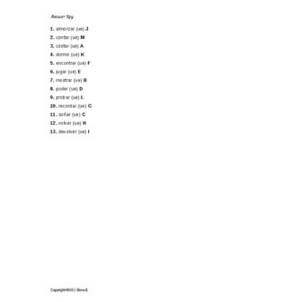 "o" to "ue" Stem-Changing Verbs Spanish Matching Quiz or Worksheet