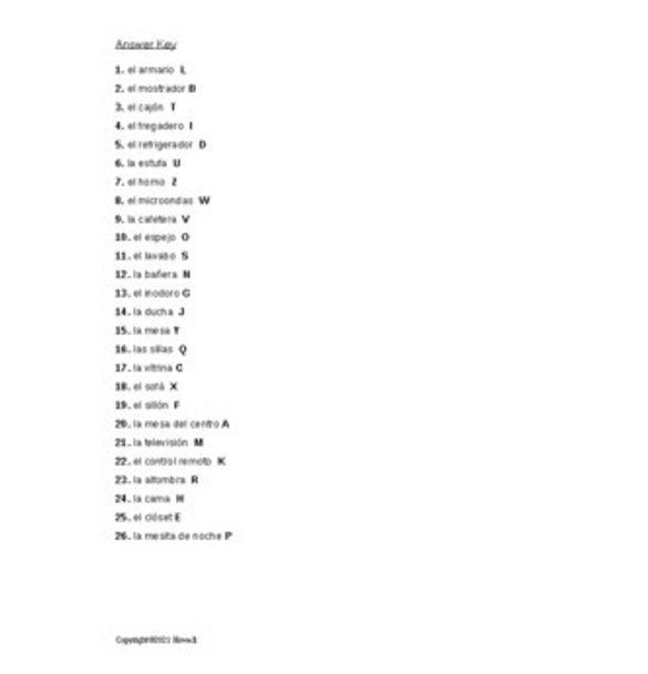 Household Items Spanish Matching Quiz or Worksheet