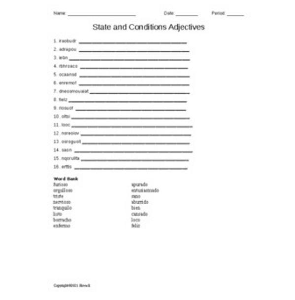 State and Conditions Spanish Adjectives Word Scramble