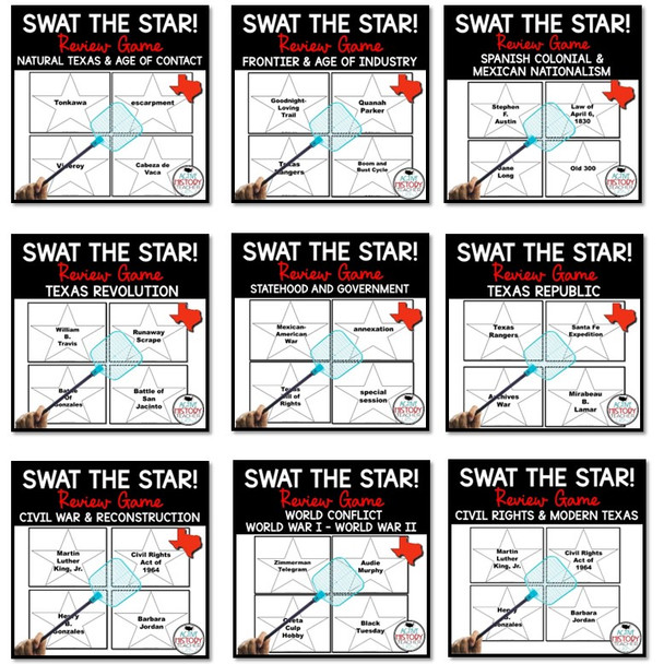 Texas History Review Game Swat the Star BUNDLE Full Year of Review 9 games Editable