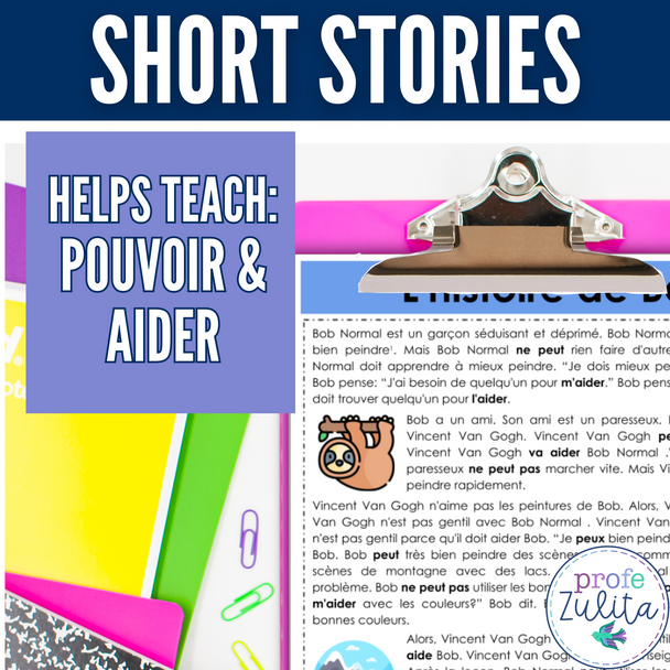 French Unit 13 - pouvoir & aider French Reading Comprehension Story & Activities