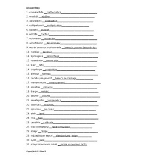 Math and Measurements in Food Science Word Scramble