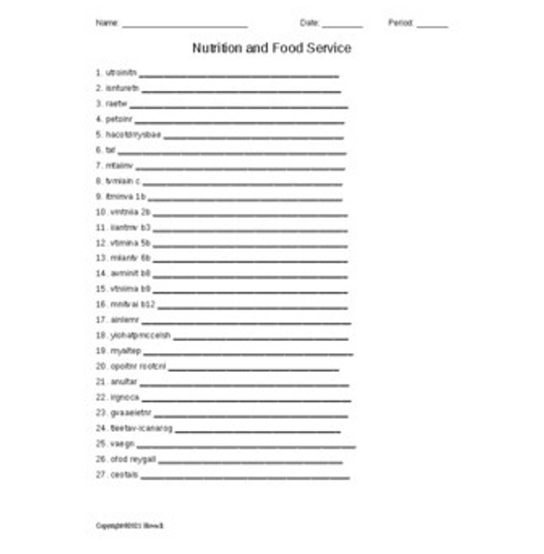 Nutrition and Food Services Word Scramble