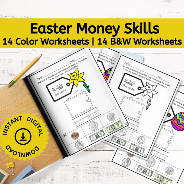 Easter Math Worksheets, Identifying, Counting Coins and US Currency Worksheets