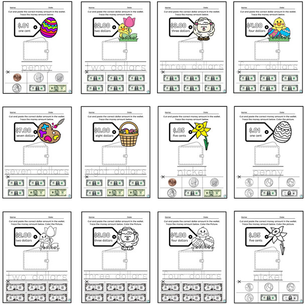 Easter Math Worksheets, Identifying, Counting Coins and US Currency Worksheets