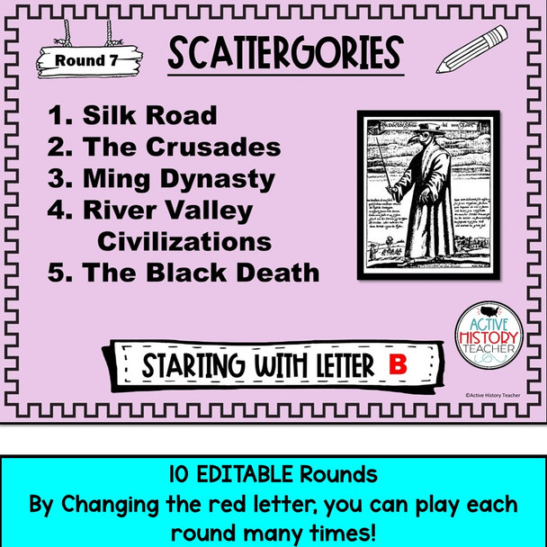 WORLD HISTORY Review Game Scattergories EDITABLE