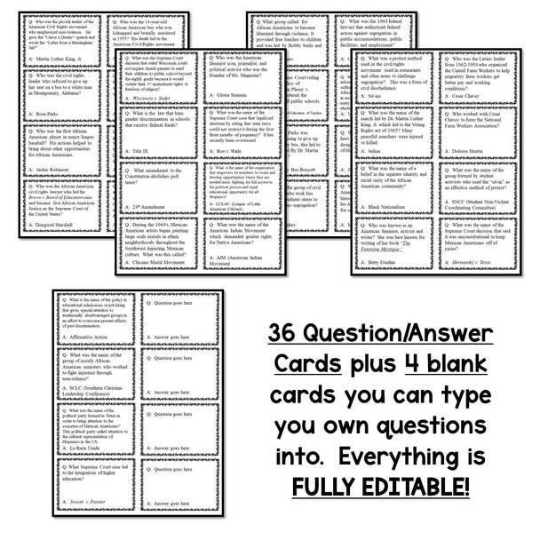 Civil Rights Review Activity Quiz Quiz Trade Cards EDITABLE!