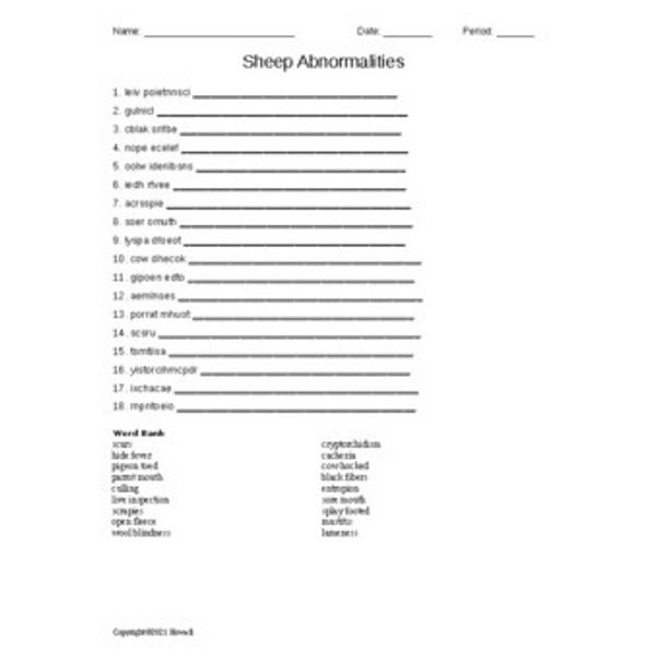 Sheep Abnormalities Word Scramble