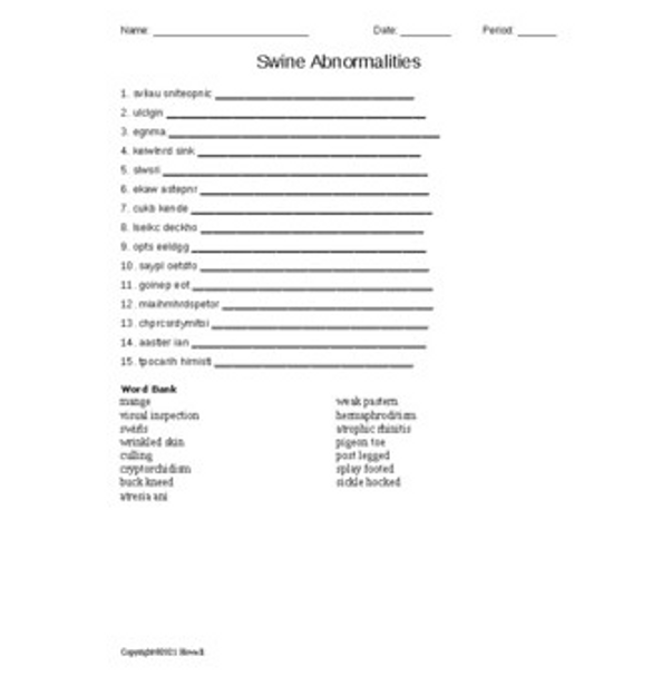 Swine Abnormalities Word Scramble