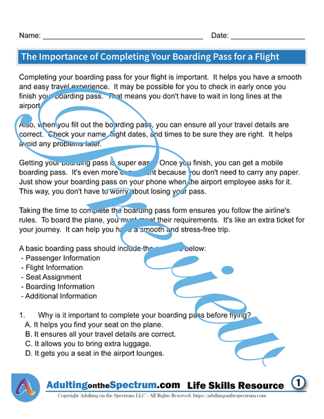 Essential Life Skills SPED Activity - How to Complete a Boarding Pass