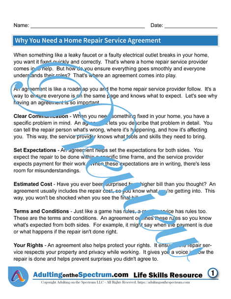 Essential Life Skills SPED Activity - A Home Repair Service Agreement