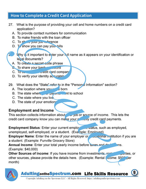 Essential Life Skills SPED Activity - A Credit Card Application