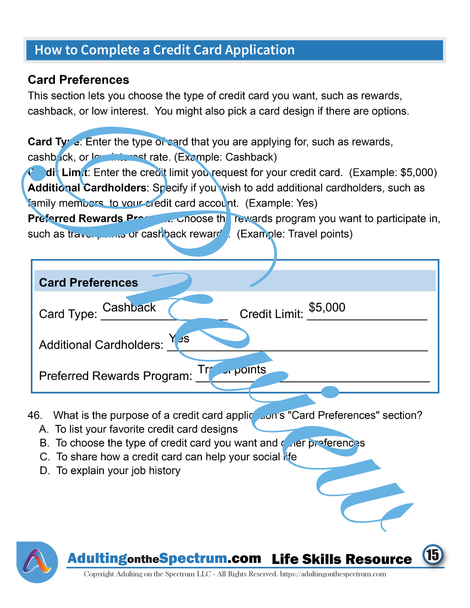 Essential Life Skills SPED Activity - A Credit Card Application