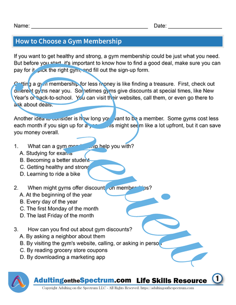 Essential Life Skills SPED Activity - A Gym Membership