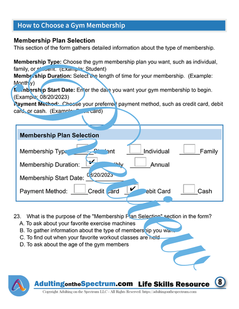 Essential Life Skills SPED Activity - A Gym Membership