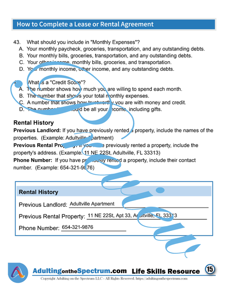 Essential Life Skills SPED Activity - A Rental Agreement