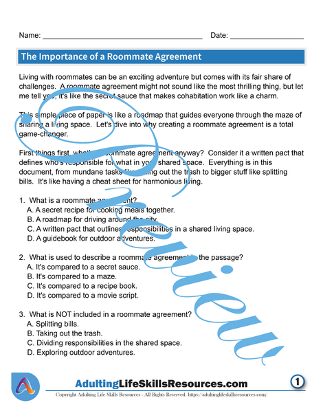 Essential Life Skills SPED Activity - The Roommate Agreement