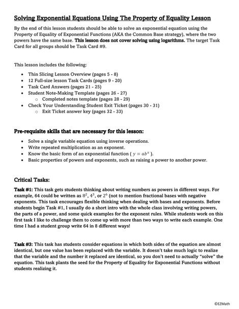 Solving Exponential Equations Thin Slicing Lesson - Algebra 1