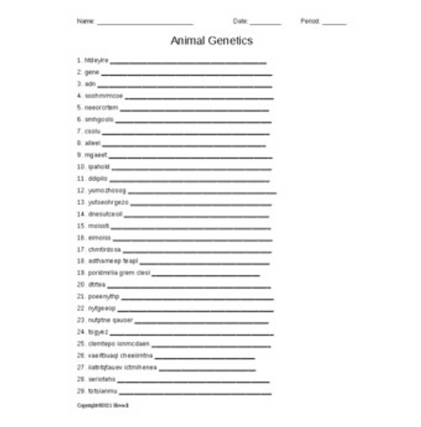 Animal Genetics Word Scramble