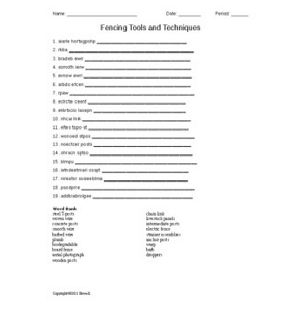 Fencing Tools and Techniques Word Scramble