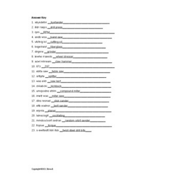 Power Tools Safety and Operation Word Scramble