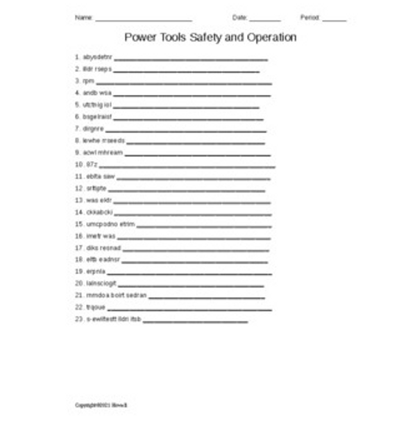 Power Tools Safety and Operation Word Scramble