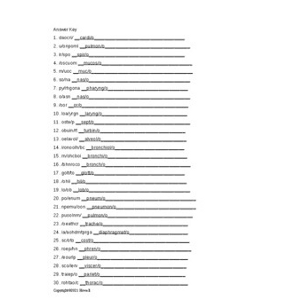 Pulmonology Combining Forms Word Scramble