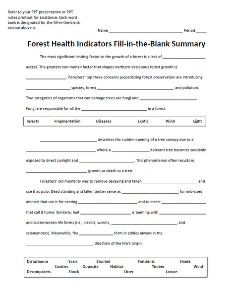 Forest Health Indicators Fill-in-the-Blank Summary Activity