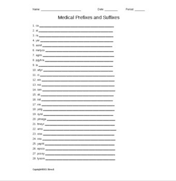 Medical Prefixes and Suffixes Combining Forms Word Scramble