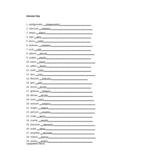 Dermatology Combining Forms Word Scramble