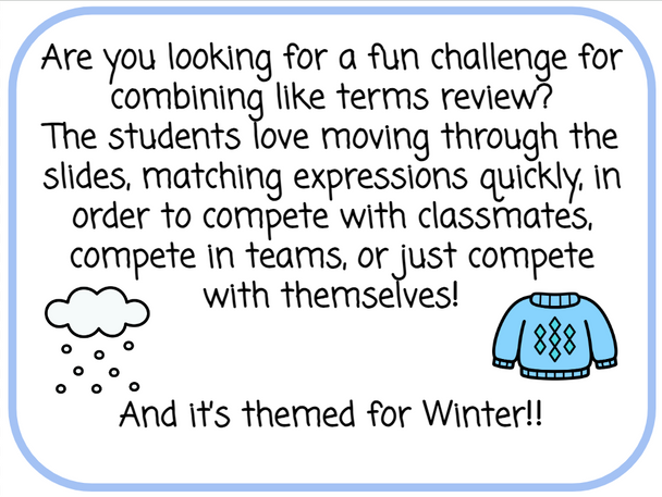 Combining Like Terms Race - Winter-Themed - Digital and Printable