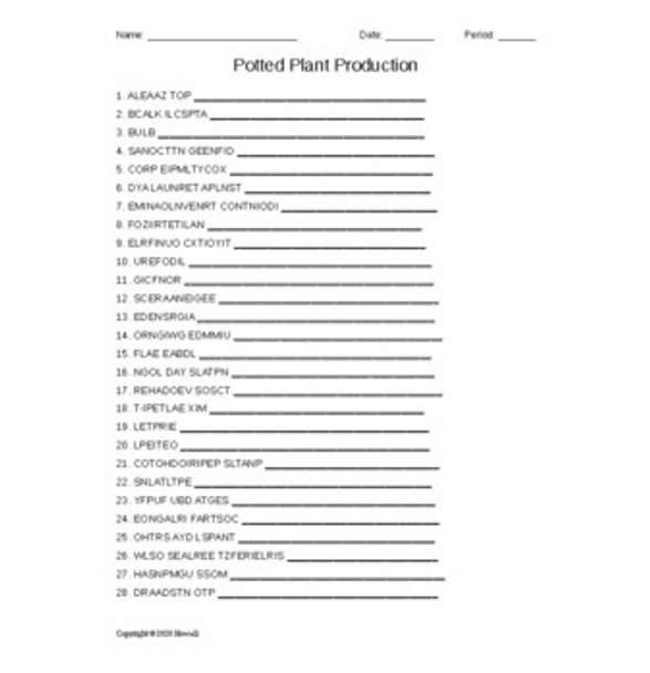 Potted Plant Production Word Scramble for a Plant Science Course