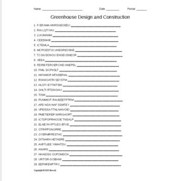 Greenhouse Design and Construction Word Scramble for a Plant Science Course