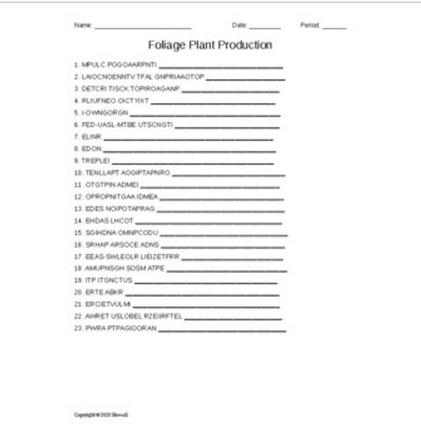 Foliage Plant Production Word Scramble for a Plant Science Course