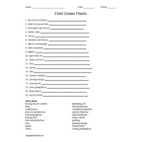 Field Grown Plants Word Scramble for a Plant Science Course