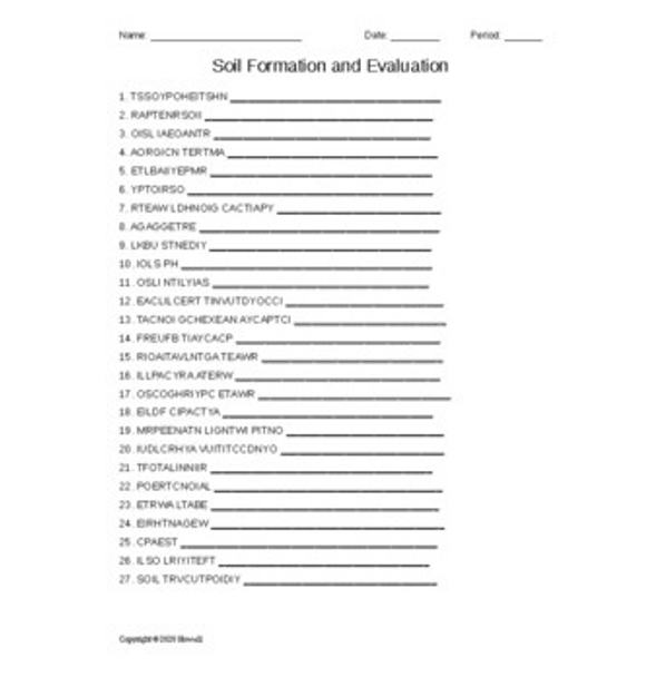 Soil Formation and Evaluation Word Scramble for a Plant Science Course